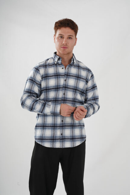 gemustert blau weiß Holzfällerhemd Slimfit Pantello